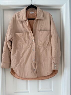 Neutral Beige Quilted Bomber Shacket with Snap Front